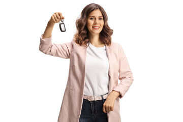 Young woman holding car keys and smiling