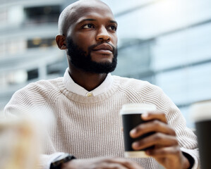 Aufkleber - Coffee stirs all the ambitious thoughts. Shot of a young businessman looking thoughtful while drinking coffee outside an office.