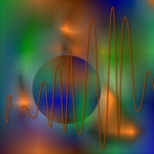 Abstract Illustration Featuring A Blue, Orange And Green Sphere On A Same-colored Background, With A Squiggly Orange Line Announcing The Wavelength