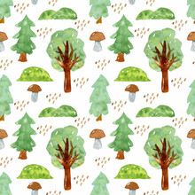 Watercolor Pattern With Forest Trees, Mushrooms And Hills. Endless Background. Seamless Texture.
