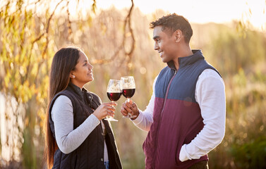 Poster - Couples that camp together last forever. Shot of a young couple having a glass outside while camping outside.