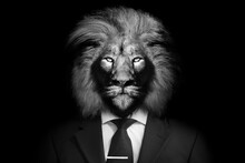 Man In The Form Of A Lion With Suit And Tie , The Lion Person , Animal Face Isolated Black