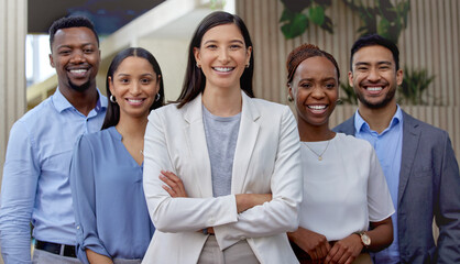 Sticker - A unit of magic. Portrait of a group of businesspeople enjoying a break outside at the office.