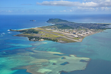 Aerial view of  the military marine base in Kaneohe Bay on Oahu, Hawaii