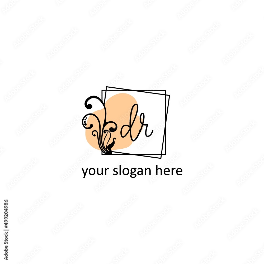 Elegant handwritten letter DR template with square frame and leaf design
