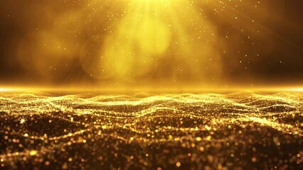 Wall Mural - Golden wavy particles are constantly flowing, luxurious awards ceremony, shining particle light stage background video.