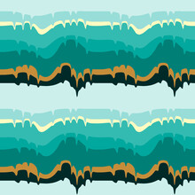 Abstract Geometric Seamless Pattern. Horizontal Wavy Stripes With Paint Runs.  Turquoise, Teal Gradient, Gold, Yellow Colors