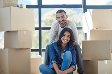 Poster - Weve got a lot of unpacking to do. Portrait of a happy young couple moving into their new home together.