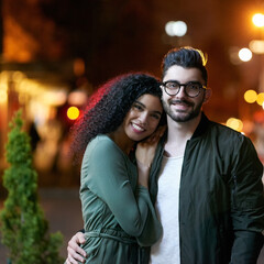 Poster - Young love. Portrait of a happy young couple outdoors at night.