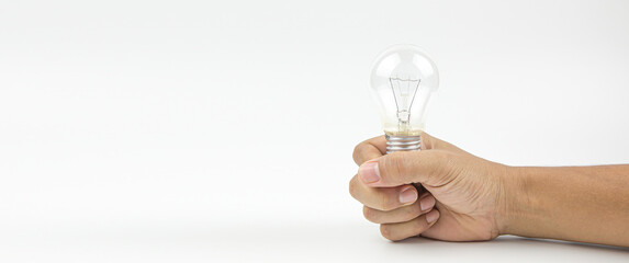 Close up hand choose light bulb or lamp on white background concepts of genius create or human resources for business leadership and creativity thinking idea or knowledge learning and innovation.