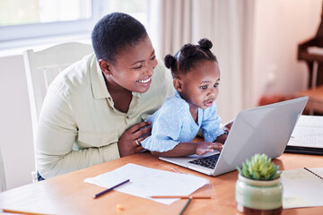 Poster - Love starts with family. Shot of a young woman working while caring for her adorable baby girl at home.