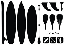 SUP Boarding Design Elements. Stand Up Paddling Stickers And Badges. Set Of Vector Equipment Silhouettes SUP Boards