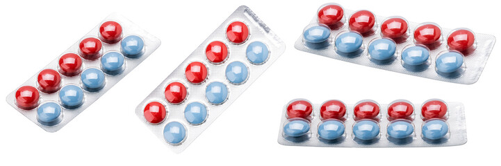 Wall Mural - pill blister pack isolated on a white background. drug package cut out. red and blue tablets