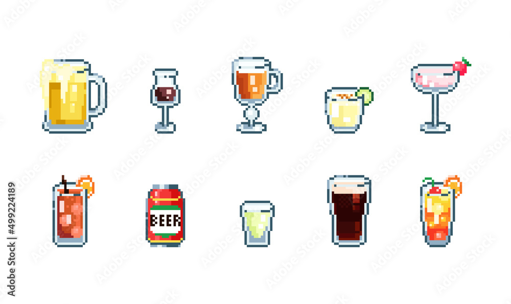 Set of Pixel art cocktail and beer set. Retro 90s gaming 8 bit icon of  pixel mosaic glasses and shots drinks. Vector pixel classic party beverage  for game and stickers. Stock-vektor |
