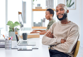 Aufkleber - Find what youre passionate about then go after it. Portrait of a confident businessman sitting at his desk.