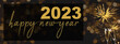 Leinwandbild Motiv HAPPY NEW YEAR 2023 - Festive silvester background panorama banner long - Golden yellow firework and champagne classes toasting on black night texture with bokeh lights