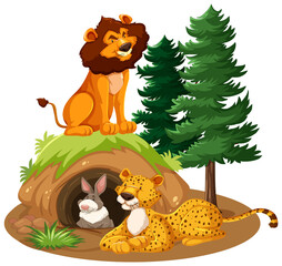 Wall Mural - Wild animals cartoon character with burrow