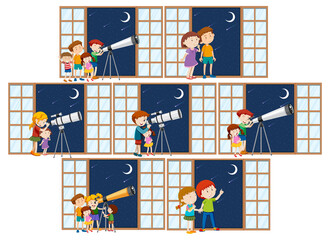 Canvas Print - Set of different kids observe night sky with telescope