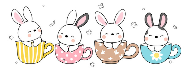 Draw vector cute bunny in beautyful cup of tea for spring