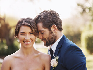 Canvas Print - I know our marriage is going to be a happy one. Cropped shot of an affectionate young bride smiling while standing outdoors with her groom on their wedding day.