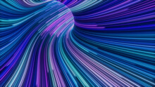Lilac, Turquoise And Blue Colored Stripes Form Wavy Neon Lights Tunnel. 3D Render.