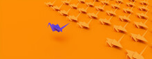 Blue Origami Bird Leading The Group. Minimalist Manager Concept On Orange Background With Copy Space.