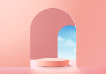 Wall Mural - Background vector 3d pink rendering with podium and minimal cloud scene, minimal product display background 3d rendered geometric shape sky cloud pink pastel. Stage 3d render product in platform