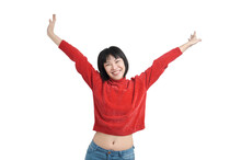 Young Asian Woman With Arms Raised And Laughing Wearing Red Sweater, Isolated.