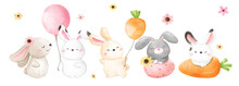 Draw Banner Cute Bunny For Easter And Spring Watercolor Style