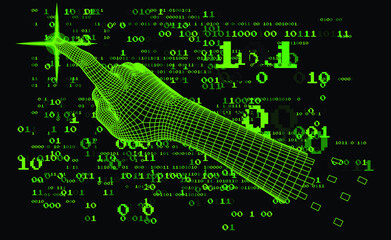 Poster - Low-poly 3D hand on dark background with binary code. Retrofuturistic cyberpunk style illustration.