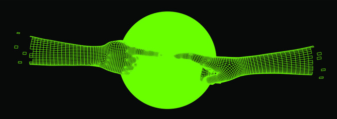 Aufkleber - Low-poly 3D hands going to touch together. Vector illustration in retrofuturistic cyberpunk style.