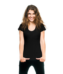 Wall Mural - Young beautiful women posing with blank black t-shirts