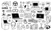 Video Games Doodle. Gaming Controller, Retro Arcade Console And Game Items Line Art Vector Illustration Set