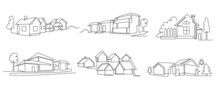 One Line Houses. Vacation Home, Suburban Area And Hand Dwawn Housing Market Branding Vector Illustration Set
