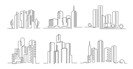 Poster - one line city. skyscraper buildings, linear town cityscape and modern downtown or business district 