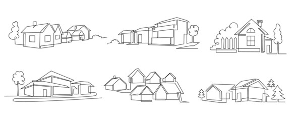 One line houses. Vacation home, suburban area and hand dwawn housing market branding vector illustration set