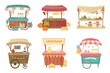 Outdoor market stalls. Grocery street fair, local flowers stall and coffee point vector illustration set