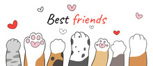 Draw Paw Animals Cat Dog With Heart Beat Friends Concept