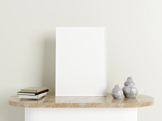 Minimalist vertical white poster or photo frame mockup on the marble table with decoration