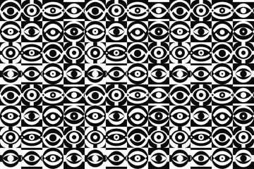 Seamless eye pattern with repeating abstract eye illustrations in black and white colors.