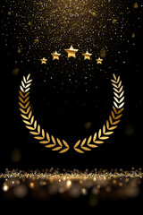 Wall Mural - Gold laurel wreath, stars and falling glitter, realistic award, golden confetti rain