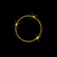 Wall Mural - gold glitter circle frame with shiny confetti on border, 3d realistic elegant glowing sand