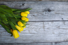 Fresh Yellow Tulips On Wooden Background. Beautiful Blank Card For Easter, March 8, Valentines Day, Mothers Day. 