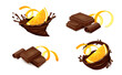 Slices of orange fruits with zest in cocoa splashes, lying down chocolate pieces and peel isolated on white background. Side view. Realistic vector illustration.