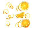 Pieces of orange fruit with twisted zest (peel) isolated on white background. Realistic vector illustration. 