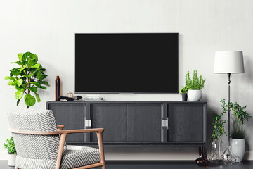 Wall Mural - TV screen in the interior mockup. 3D rendering