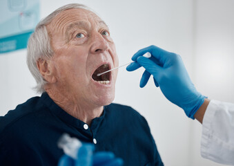 Poster - Lets get you tested first. Cropped shot of an unrecognizable doctor testing a senior male patient for covid.