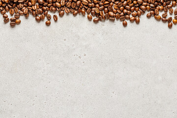 Wall Mural - Coffee beans scattered above. Grunge soft background copy space with grain border
