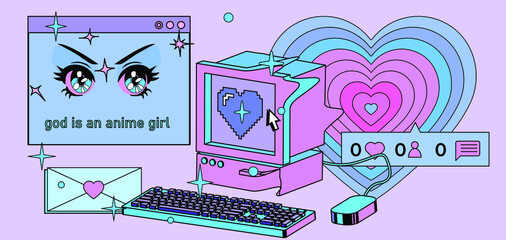 Poster - Vaporwave the 90's like style collage with user interface elements and cartoon anime illustrations.