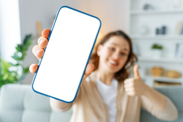 Woman showing smartphone.